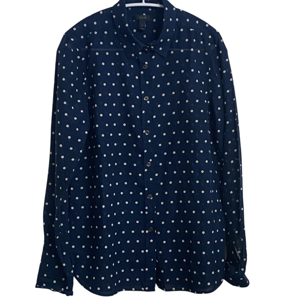 J. Crew Button Down Polka Dot Dark Navy a blue Sheer Blouse Sz 8